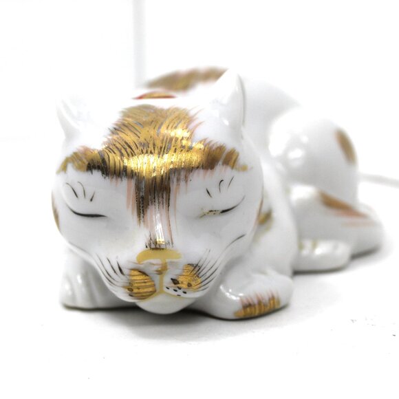 VTG Kutani Japan Porcelain Sleeping Cat Figurine White Gold 5 1/2" Hand Painted - Picture 2 of 6